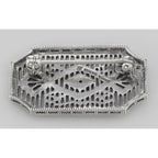 Back view of Art Deco Style Filigree Diamond Pin / Brooch showing 925 sterling silver hallmark and pin back