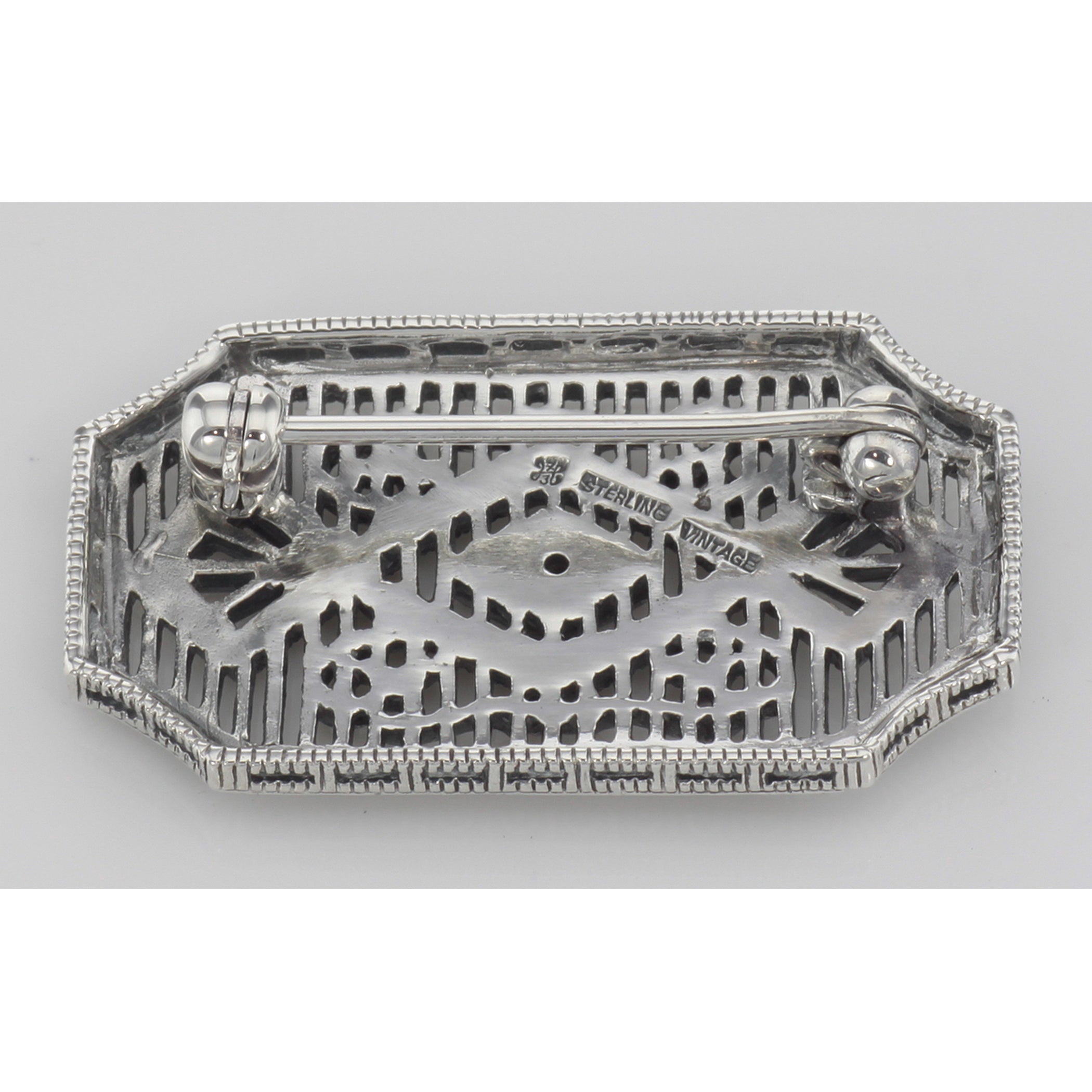 Back view of Art Deco Style Filigree Diamond Pin / Brooch showing 925 sterling silver hallmark and pin back
