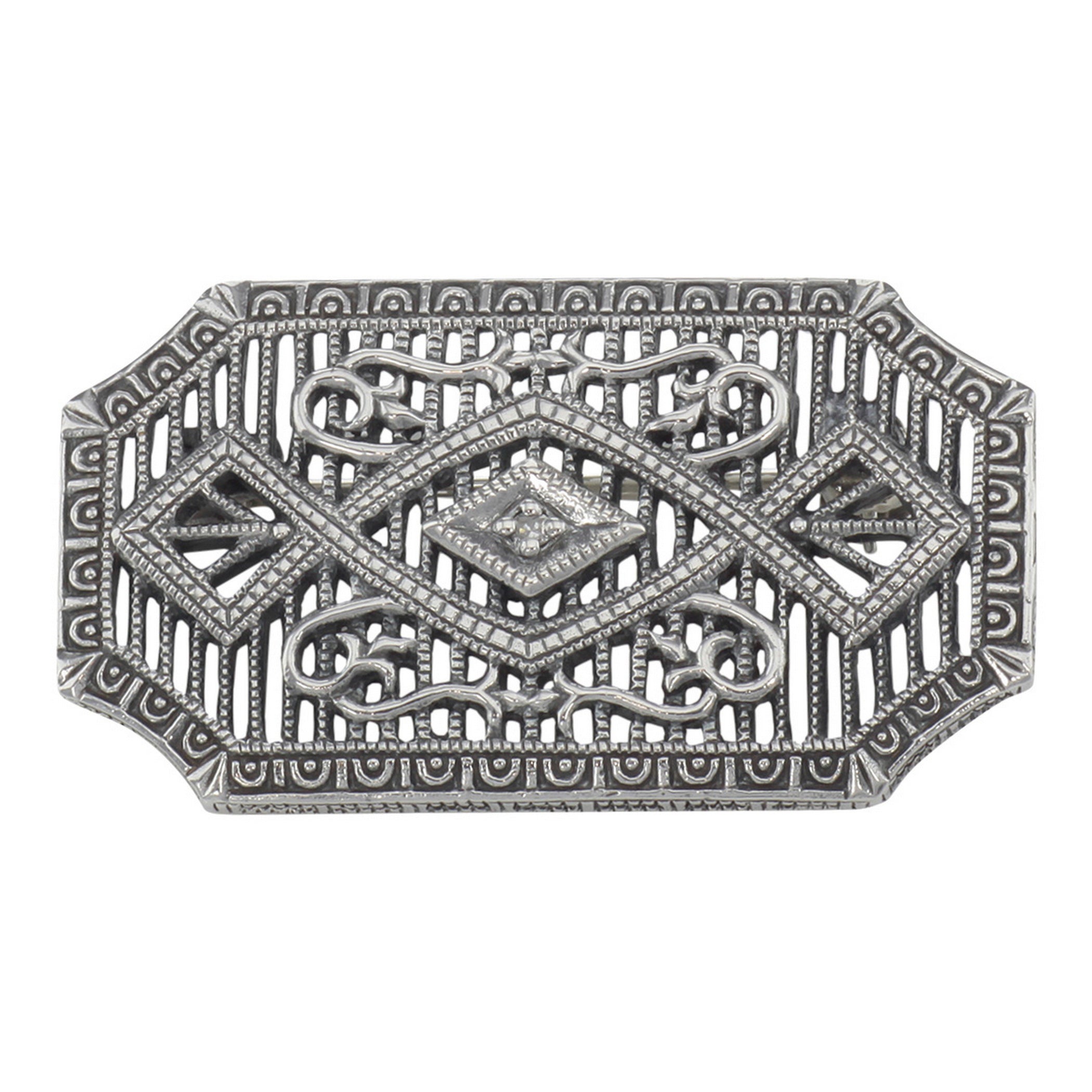 Art Deco style, Diamond, sterling silver brooches / pins, front view