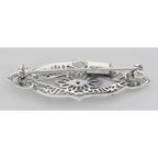 Back view of Antique Victorian Style Filigree Diamond Pin / Brooch in Fine Sterling Silver showing 925 sterling silver hallma