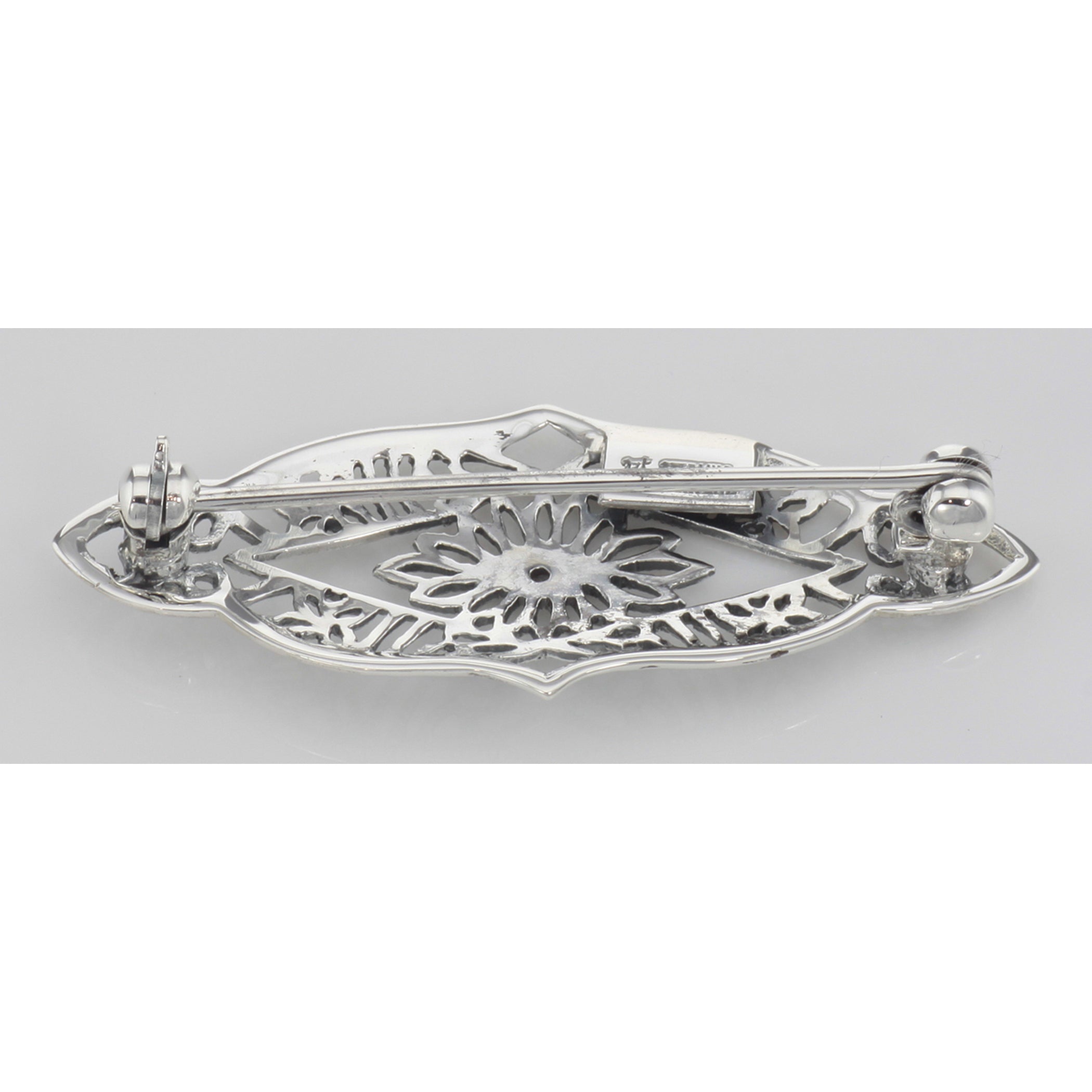 Back view of Antique Victorian Style Filigree Diamond Pin / Brooch in Fine Sterling Silver showing 925 sterling silver hallma