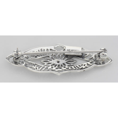 Back view of Antique Victorian Style Filigree Diamond Pin / Brooch in Fine Sterling Silver showing 925 sterling silver hallma