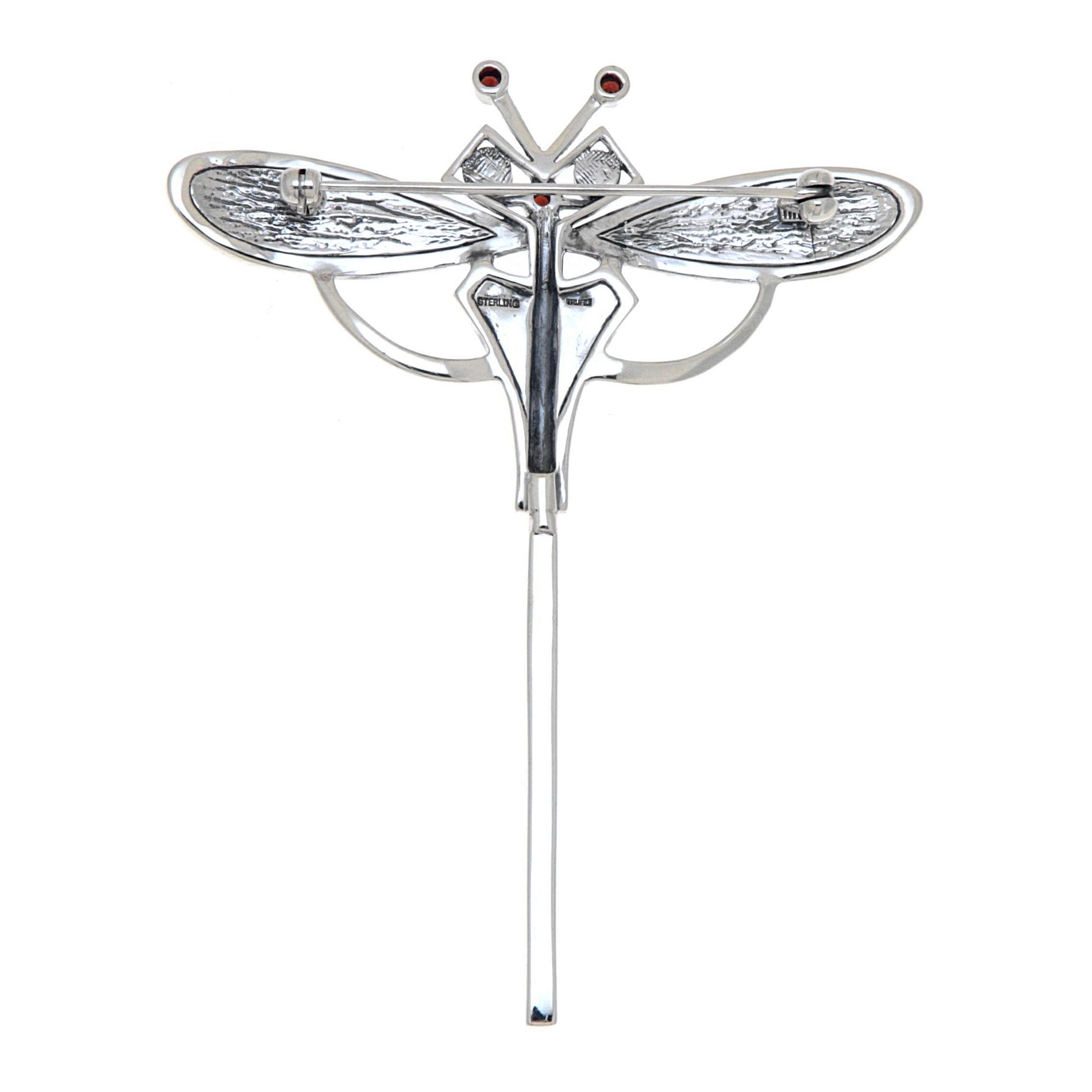 Back view of Fine Art Deco Style Marcasite Garnet Enamel Dragonfly Pin showing 925 sterling silver hallmark and pin back