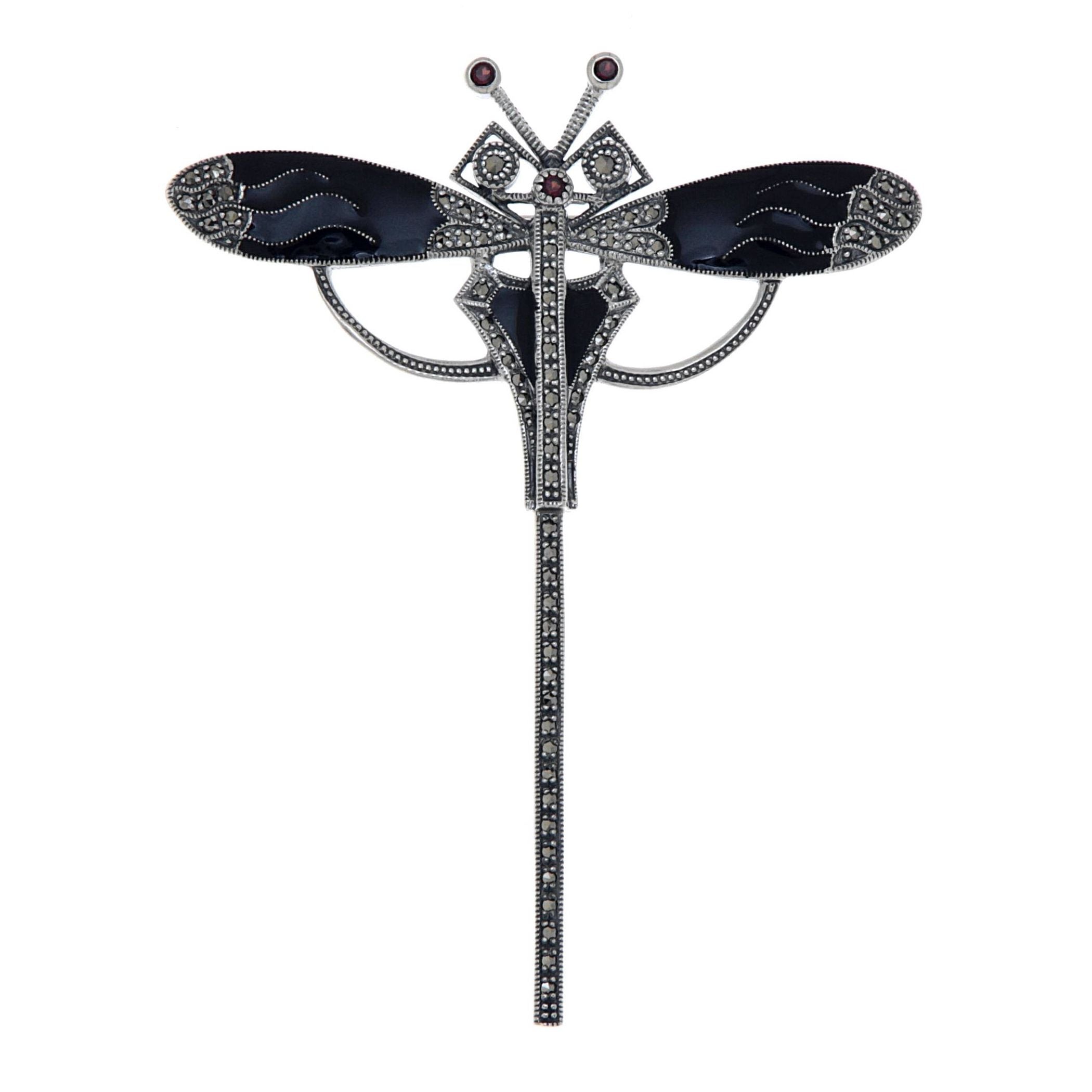 Art Deco style, Garnet, Marcasite, sterling silver brooches / pins, front view