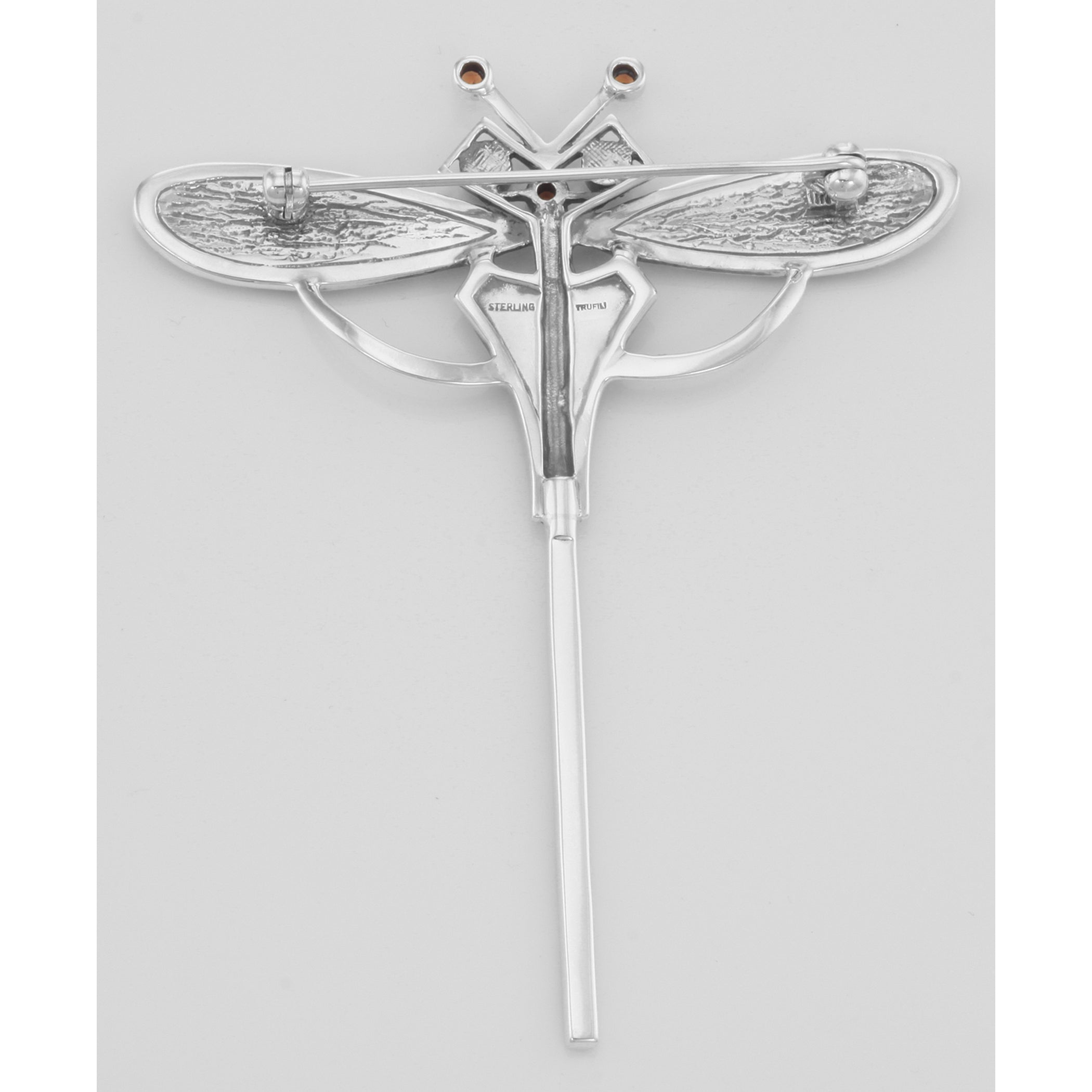 Back view of Fine Art Deco Style White Topaz Garnet Enamel Dragonfly Pin showing 925 sterling silver hallmark and pin back