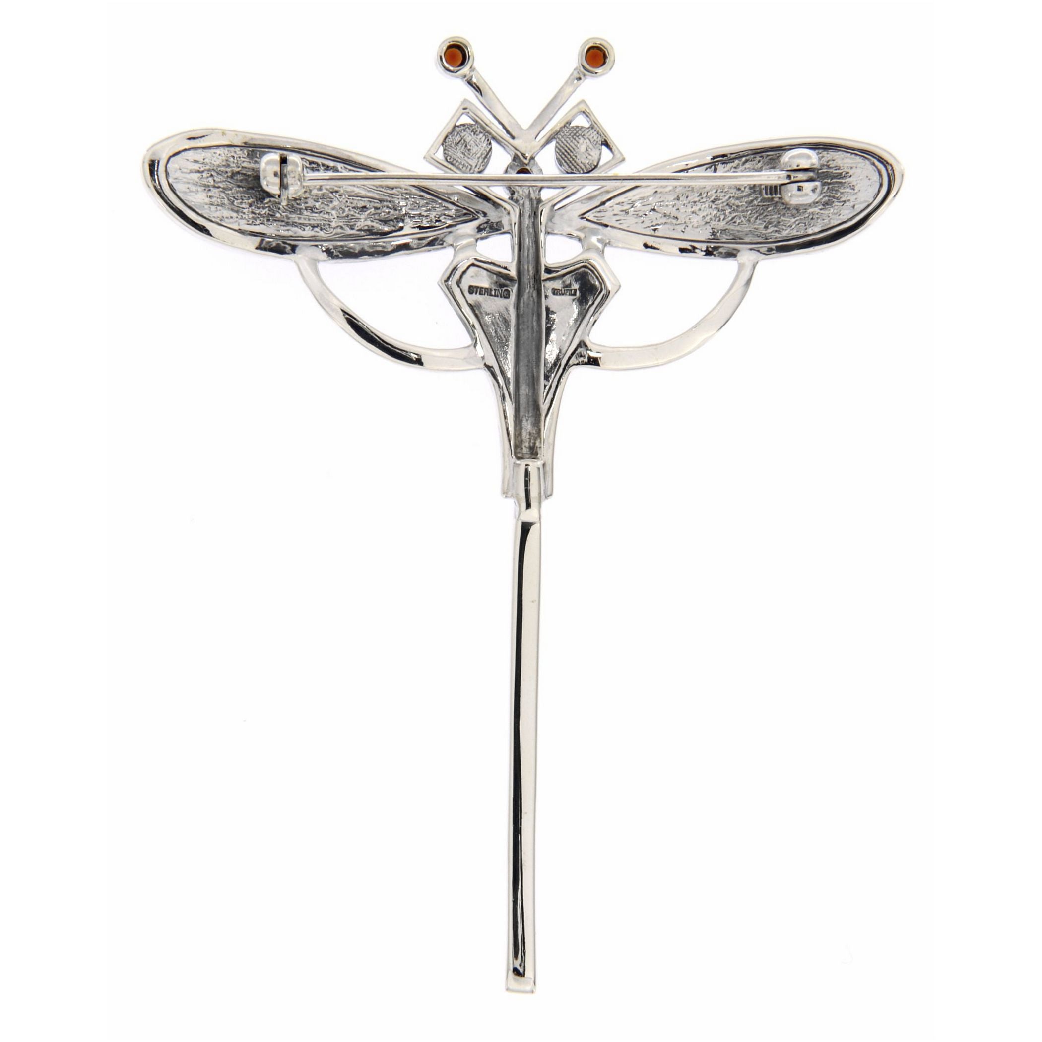 Detail view of Fine Art Deco Style White Topaz Garnet Enamel Dragonfly Pin highlighting Garnet, White Topaz