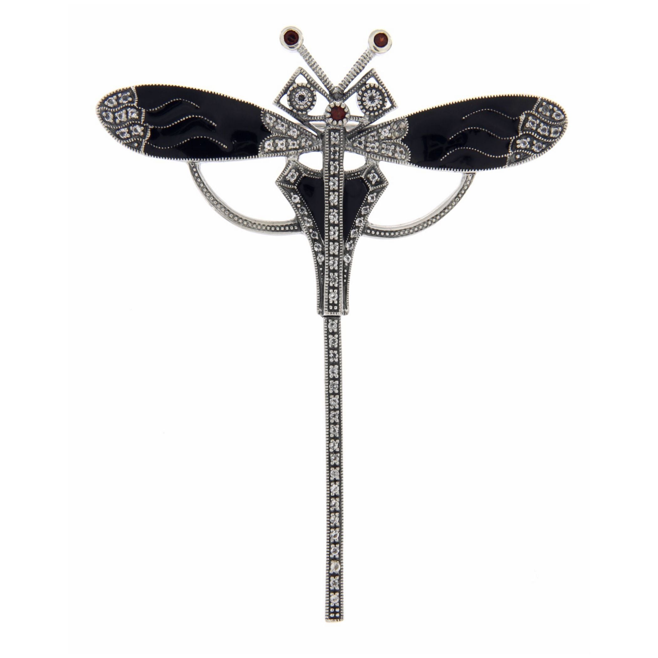 Art Deco style, Garnet, White Topaz, sterling silver brooches / pins, front view