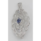 Back view of Beautiful Syn Blue Sapphire Filigree Pin / Brooch or Pendant Sterling Silver showing 925 sterling silver hallmar