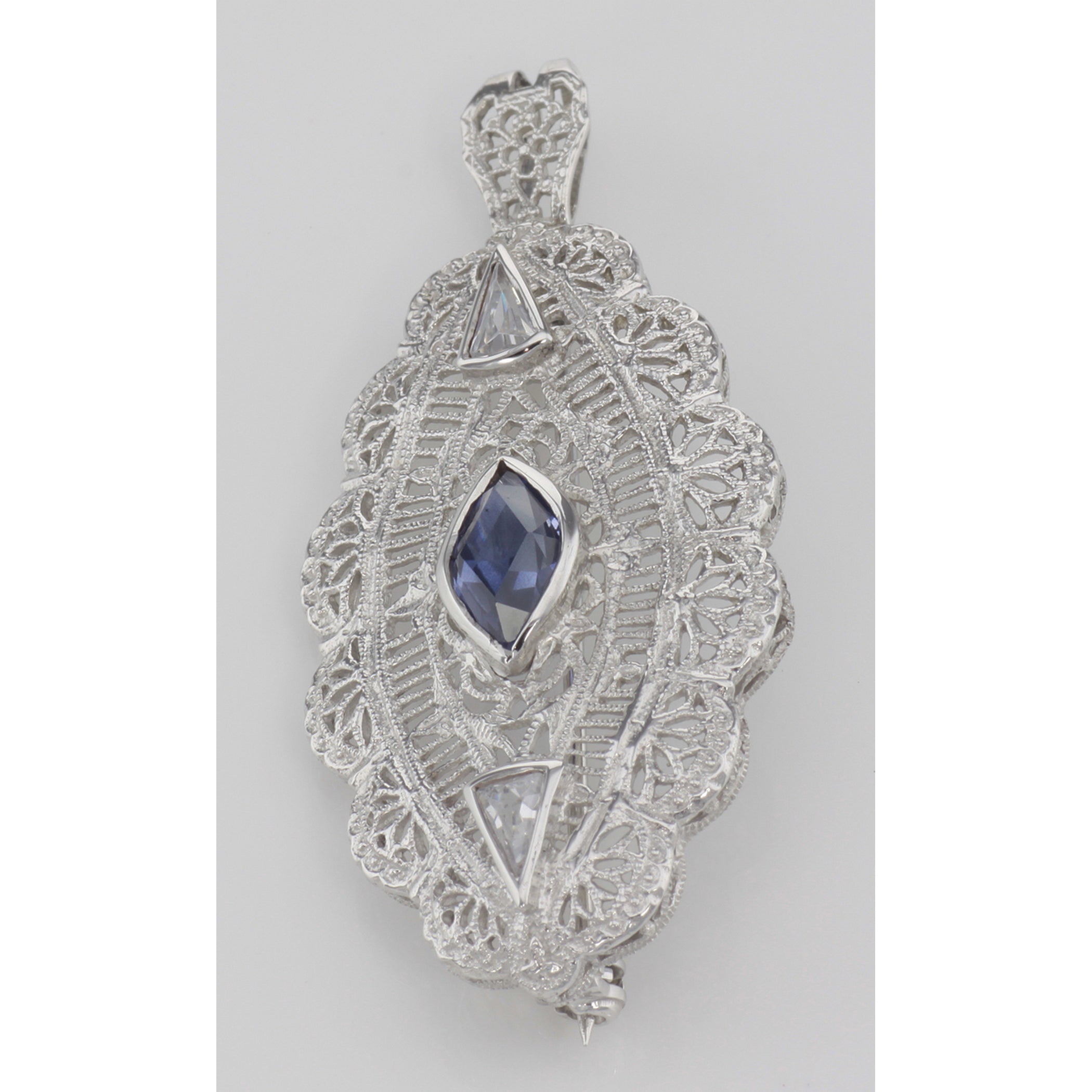 Back view of Beautiful Syn Blue Sapphire Filigree Pin / Brooch or Pendant Sterling Silver showing 925 sterling silver hallmar