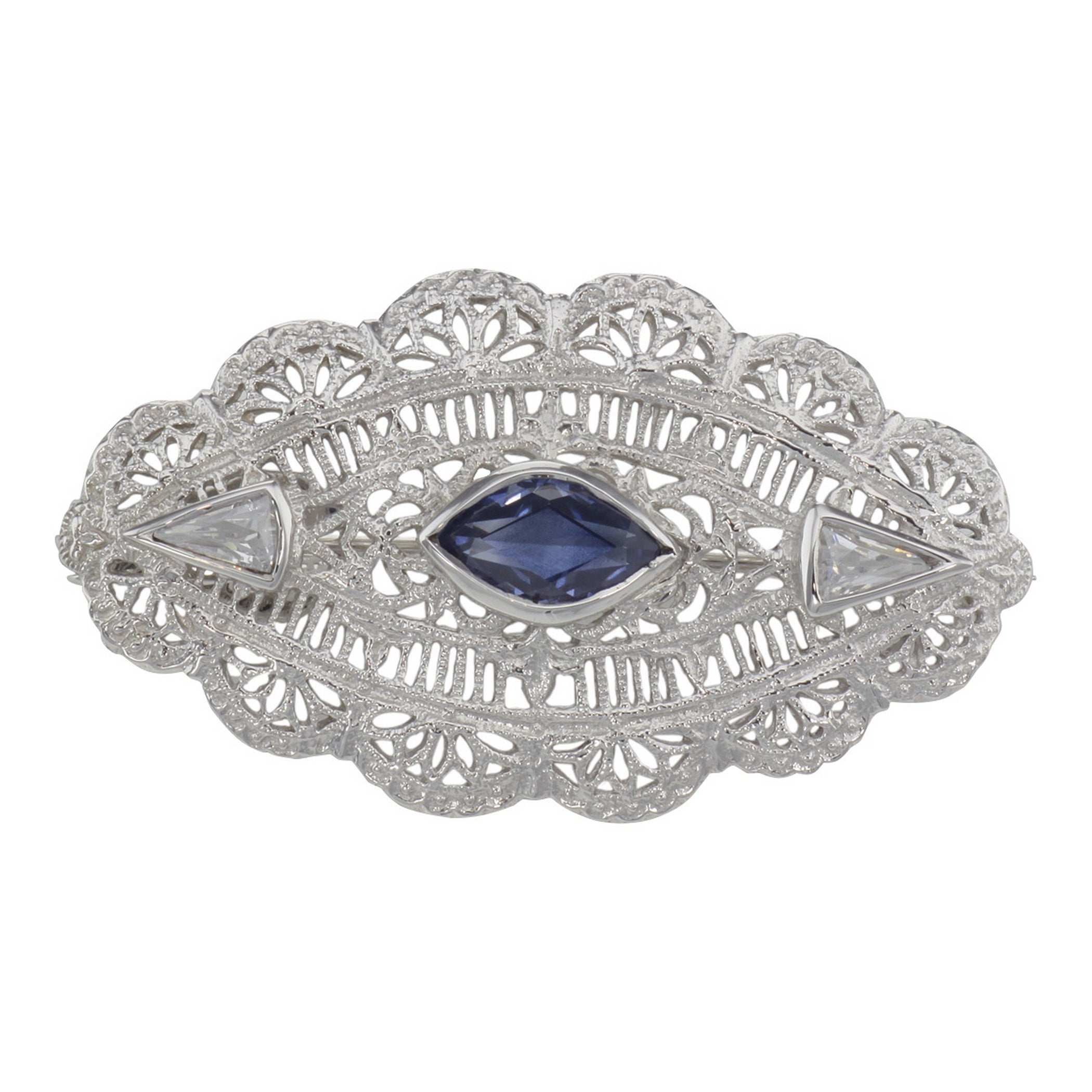 Filigree, Sapphire, sterling silver brooches / pins, front view