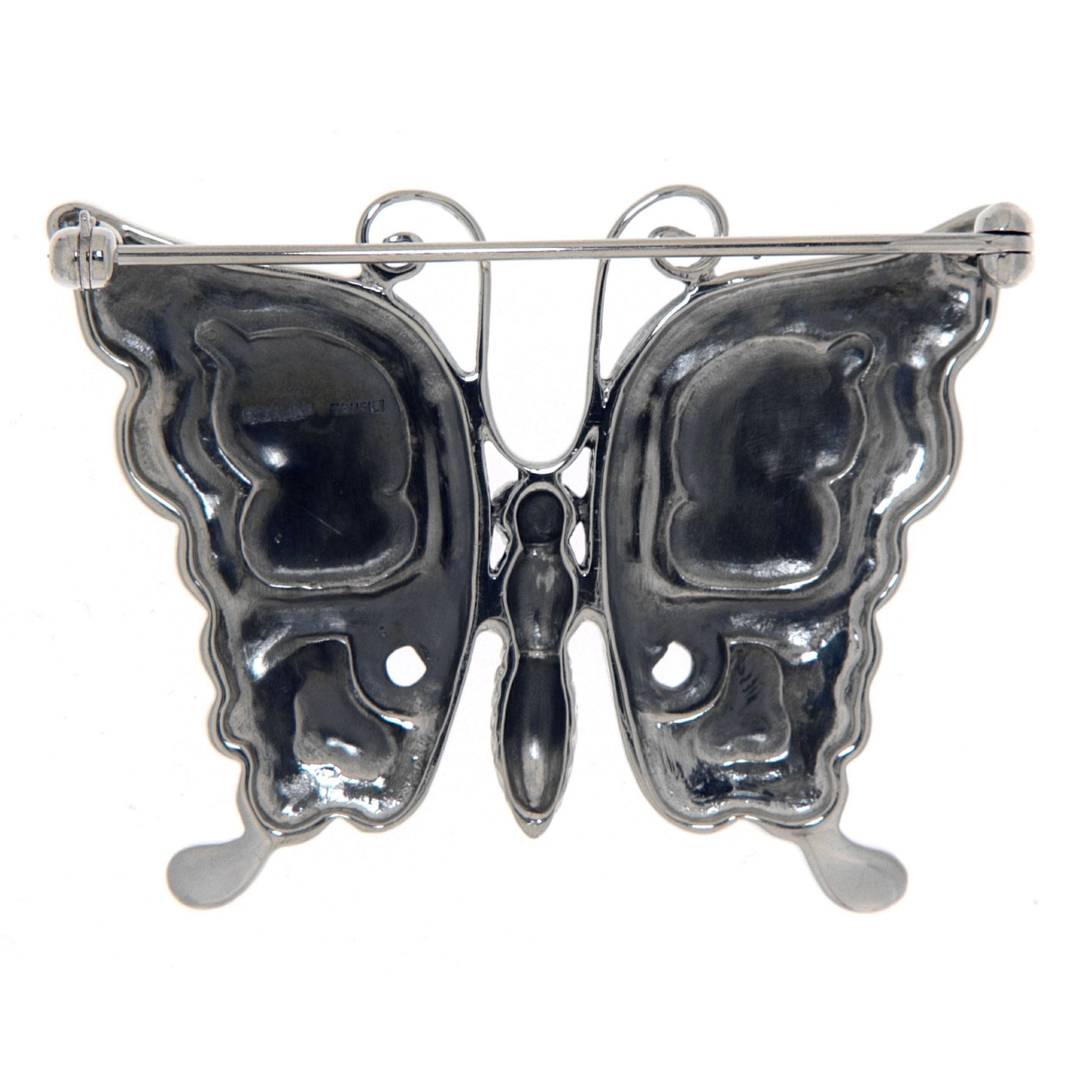 Back view of Antique Style Fine Enamel and Marcasite Butterfly Pin showing 925 sterling silver hallmark and pin back