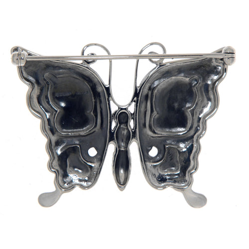 Back view of Antique Style Fine Enamel and Marcasite Butterfly Pin showing 925 sterling silver hallmark and pin back