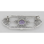 Back view of Art Deco Style Genuine Amethyst Filigree Pin / Brooch showing 925 sterling silver hallmark and pin back