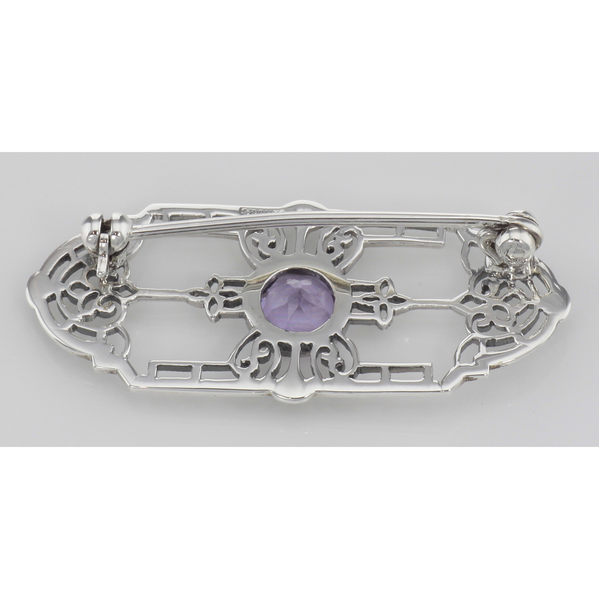 Back view of Art Deco Style Genuine Amethyst Filigree Pin / Brooch showing 925 sterling silver hallmark and pin back