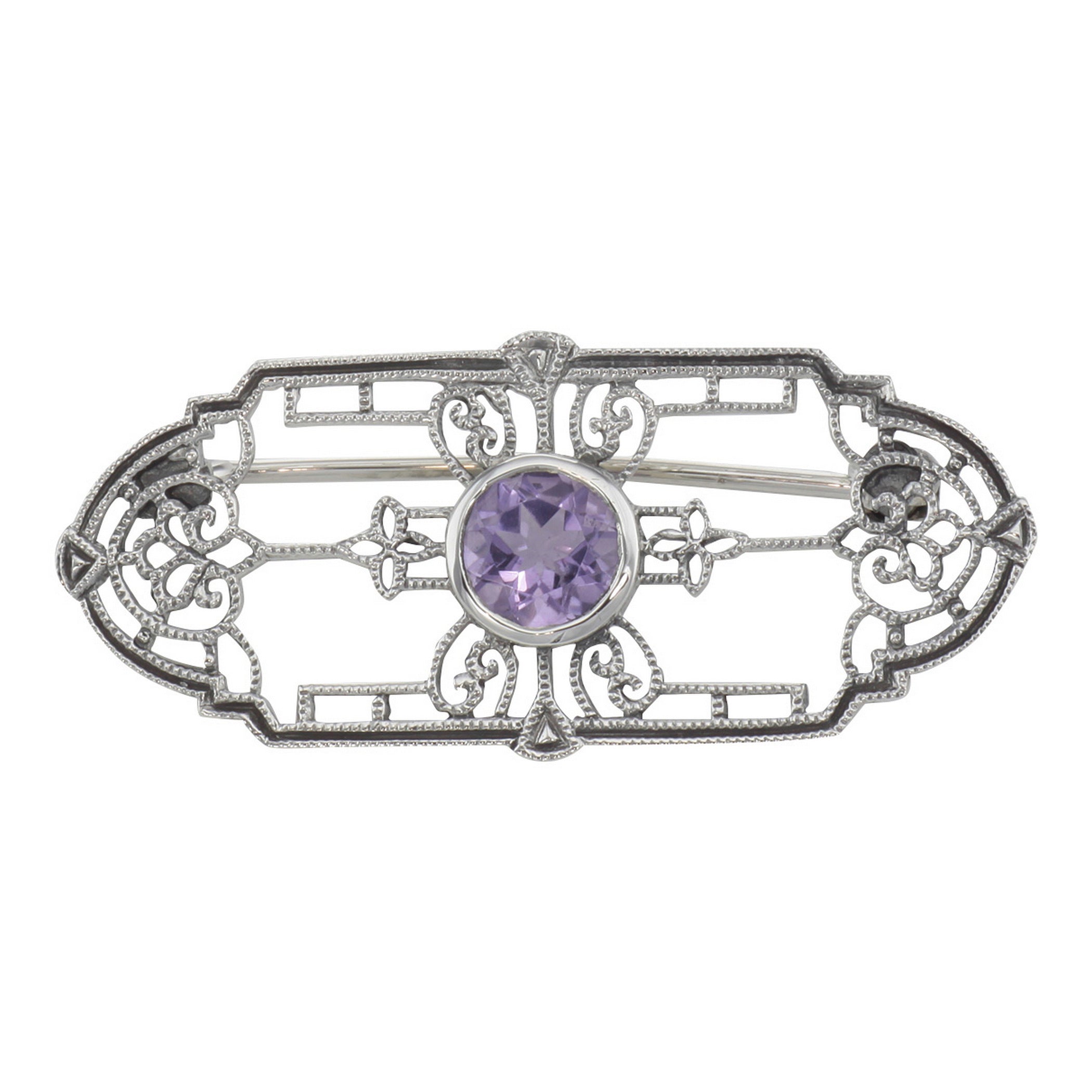 Art Deco style, Amethyst, sterling silver brooches / pins, front view