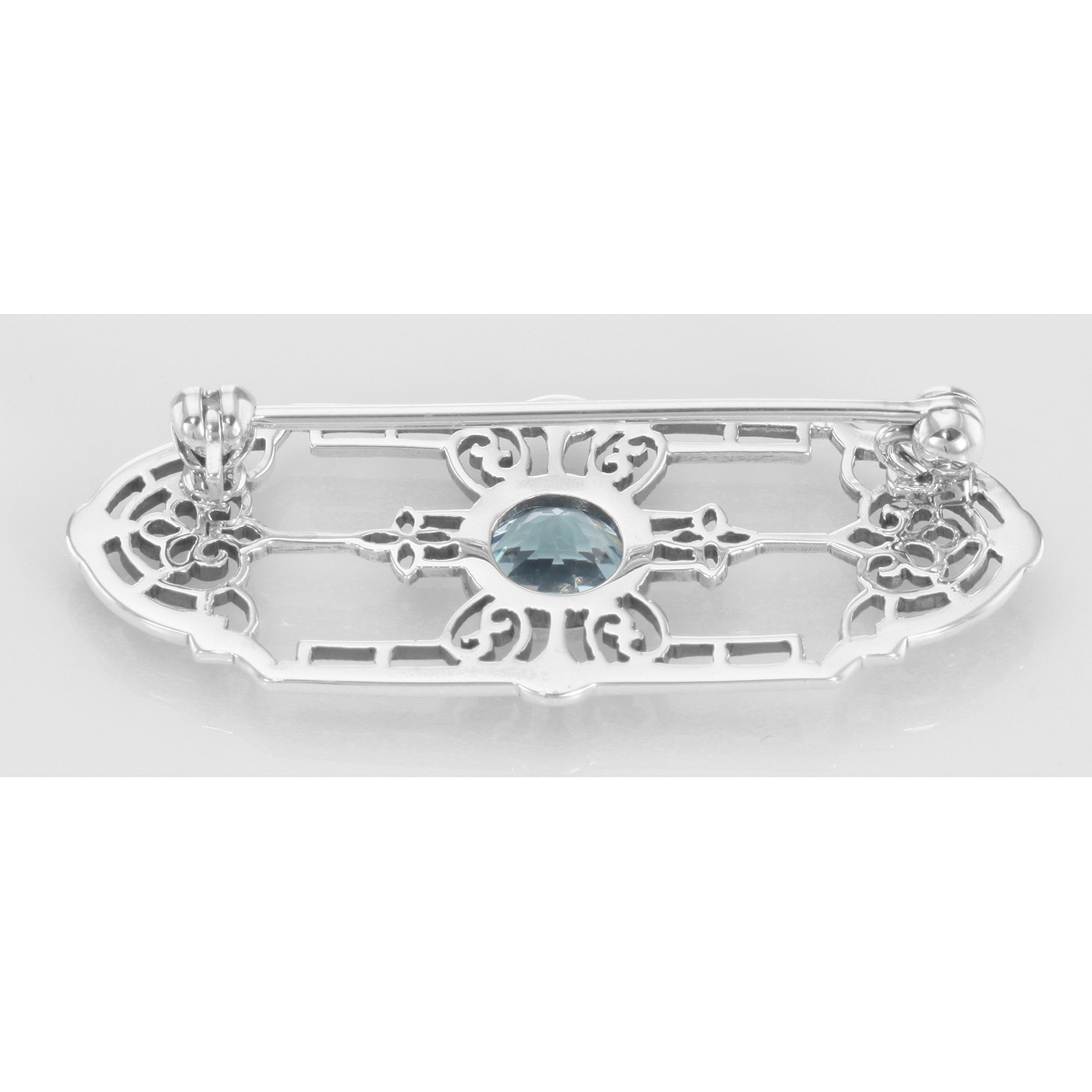 Back view of ONLY 1 IN STOCK - Art Deco Style Genuine Blue Topaz Filigree Pin / Brooch showing 925 sterling silver hallmark a