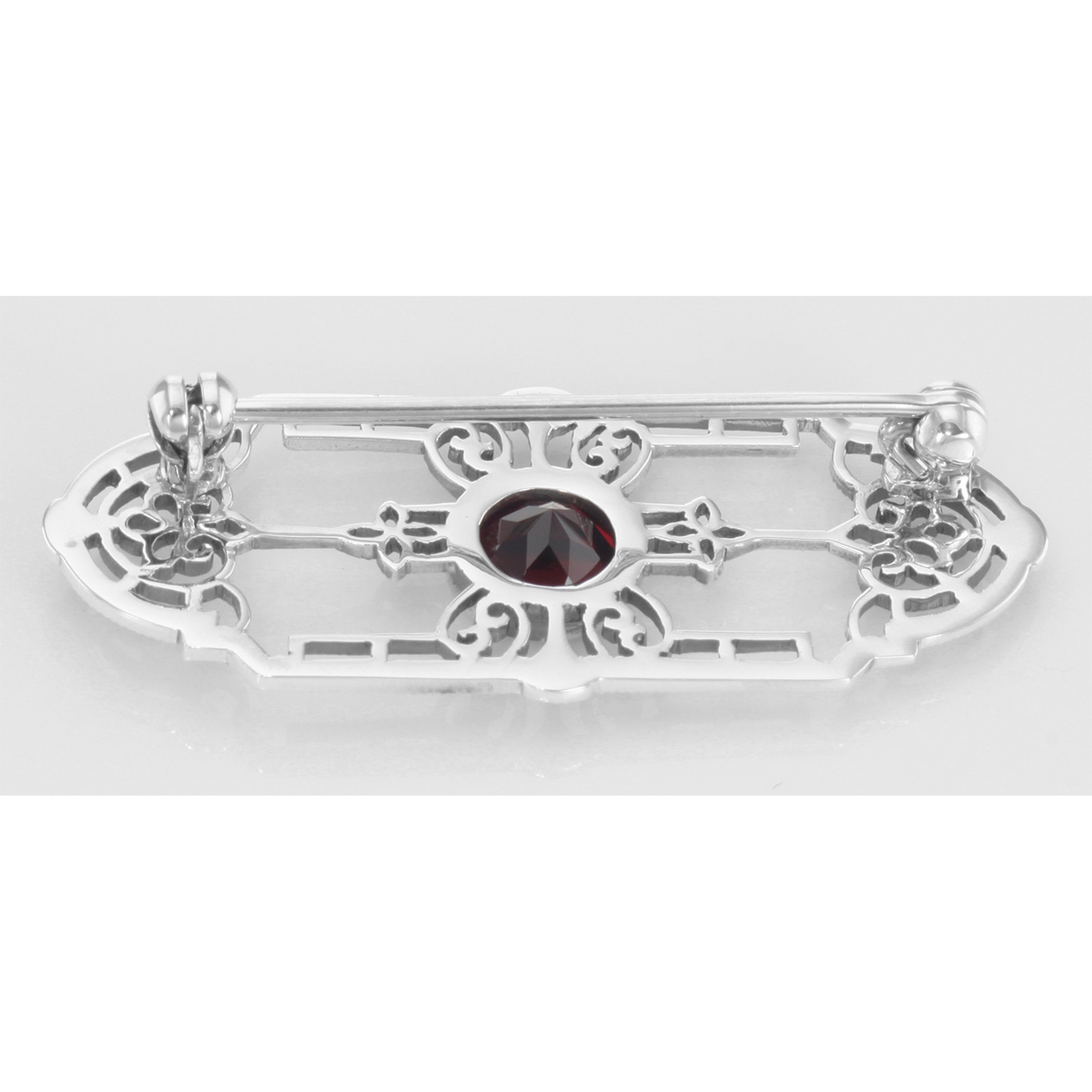 Back view of Art Deco Style Genuine Garnet Filigree Pin / Brooch showing 925 sterling silver hallmark and pin back