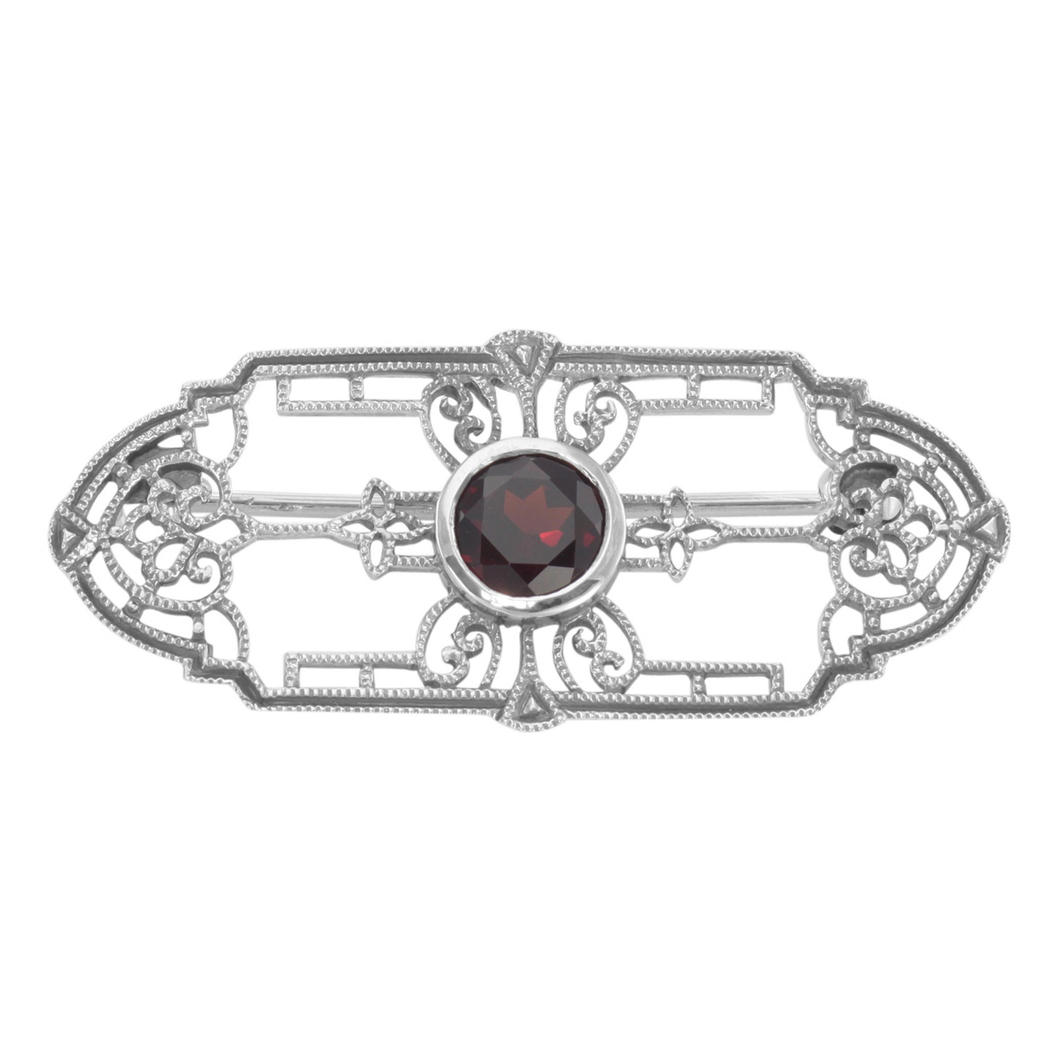 Art Deco style, Garnet, sterling silver brooches / pins, front view