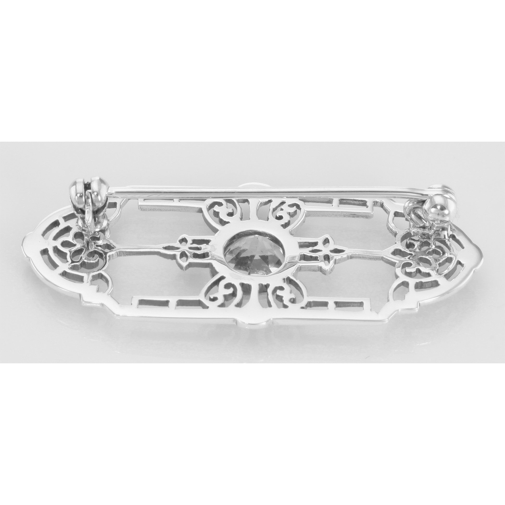 Back view of ONLY 1 IN STOCK - Art Deco Style Genuine White Topaz Filigree Pin / Brooch showing 925 sterling silver hallmark 