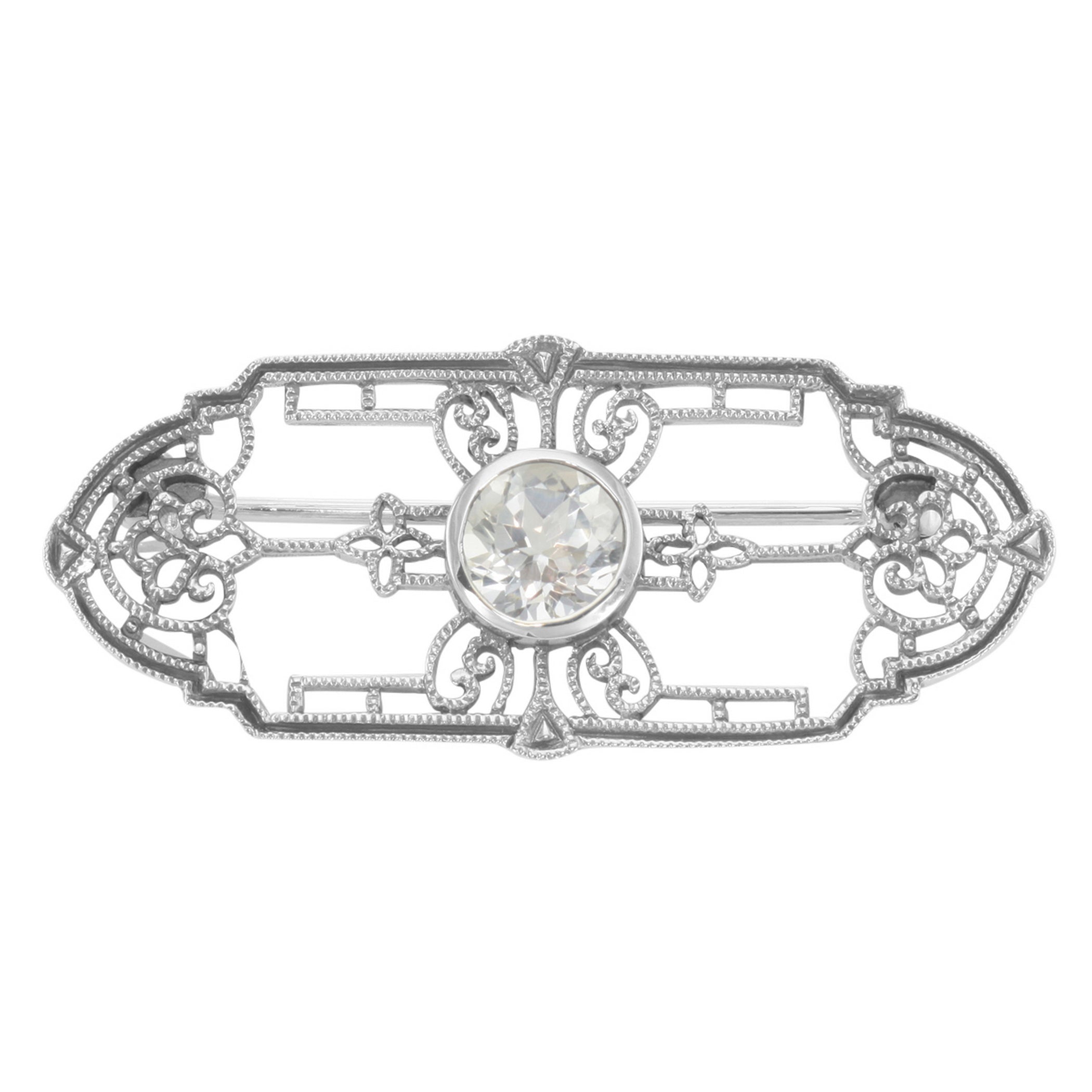 Art Deco style, White Topaz, sterling silver brooches / pins, front view