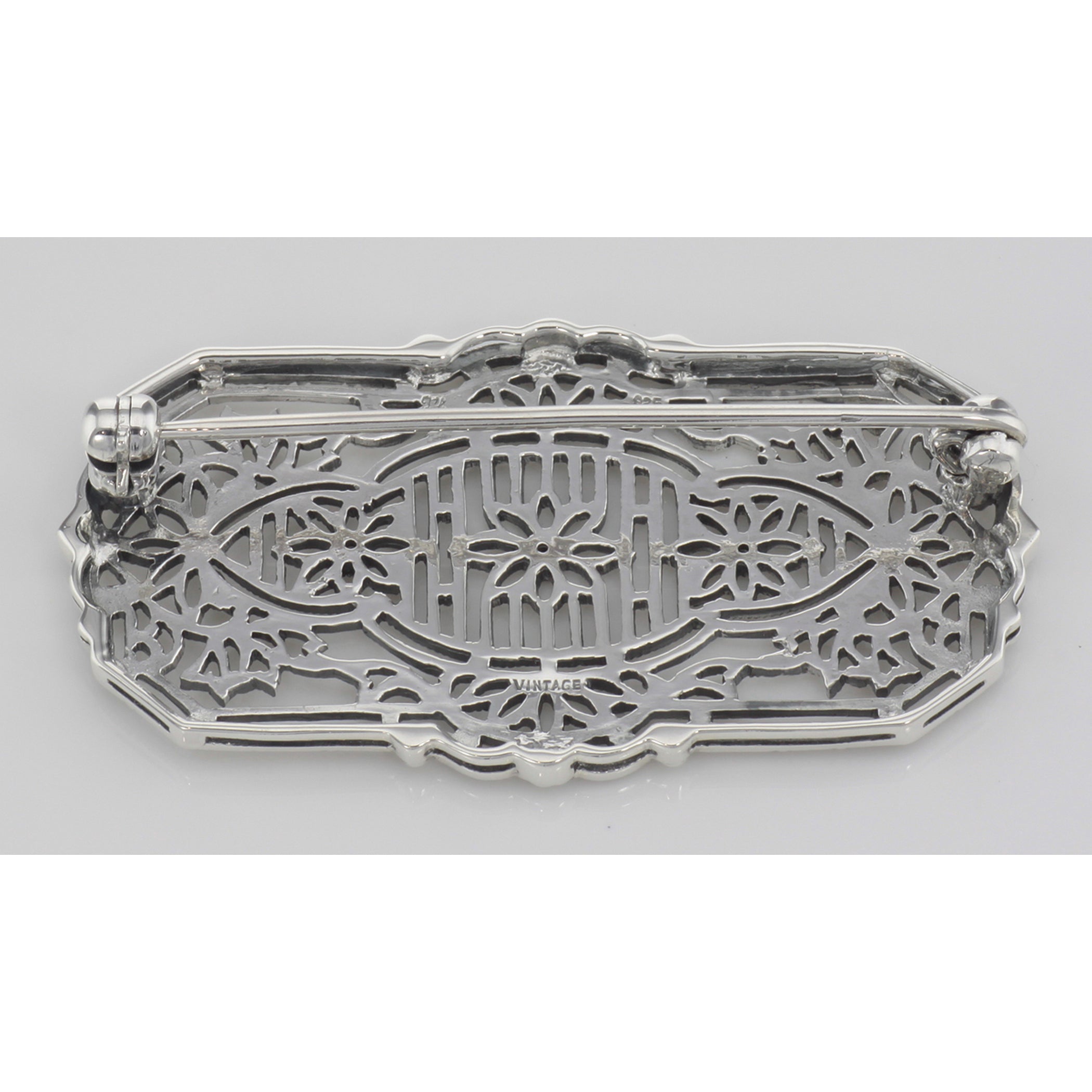 Back view of Antique Style Filigree Brooch - Pin with 3 Diamonds showing 925 sterling silver hallmark and pin back