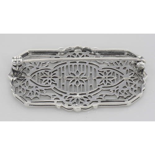 Back view of Antique Style Filigree Brooch - Pin with 3 Diamonds showing 925 sterling silver hallmark and pin back
