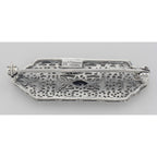 Back view of Art Deco Style Filigree Blue Sapphire Pin / Brooch showing 925 sterling silver hallmark and pin back