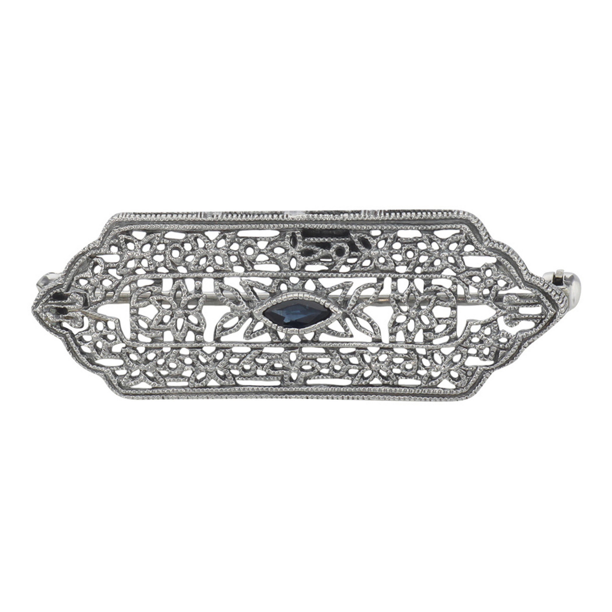 Art Deco style, Sapphire, sterling silver brooches / pins, front view