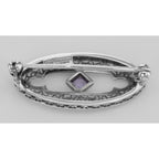 Back view of Antique Victorian Style Amethyst Pin / Brooch in fine Sterling Silver showing 925 sterling silver hallmark and p