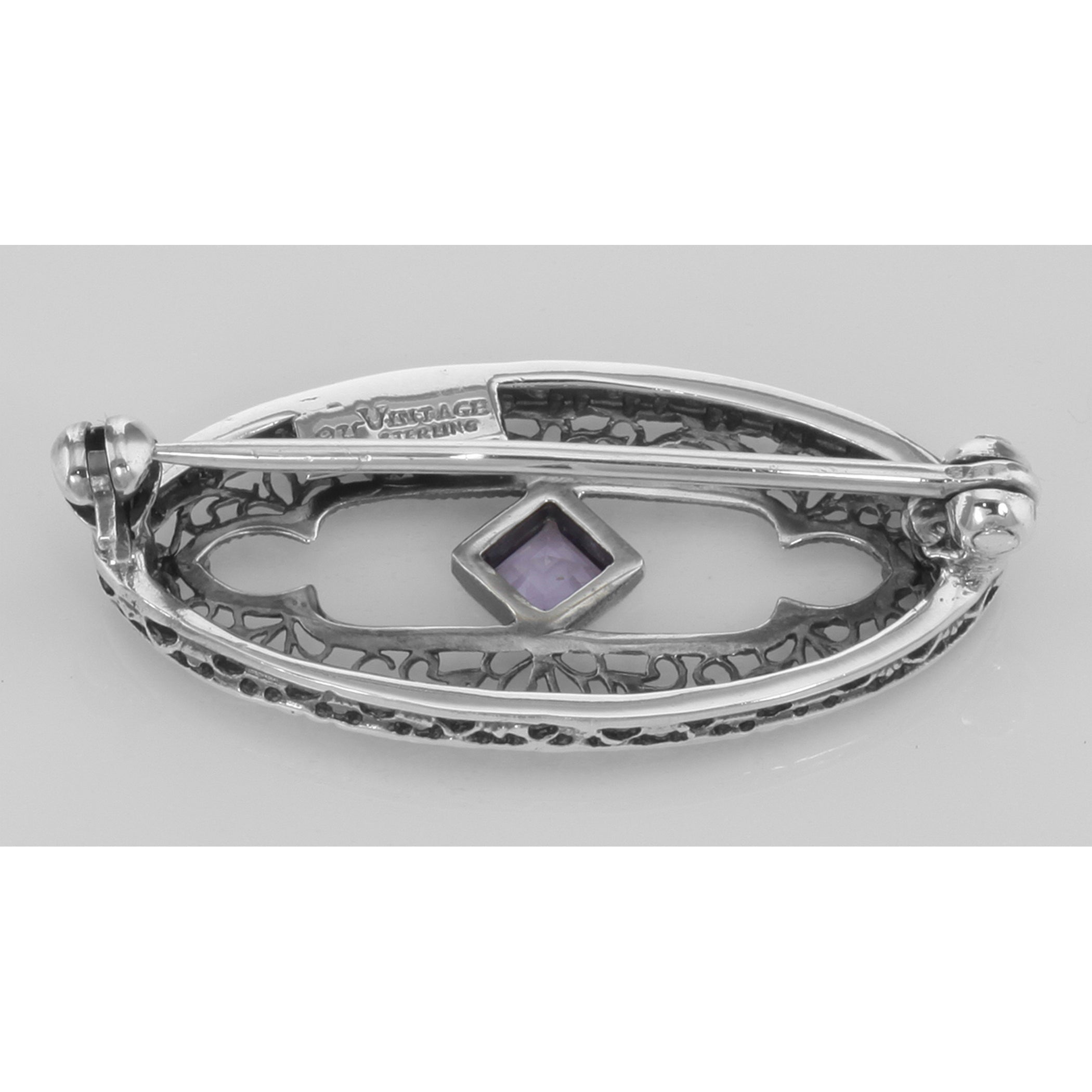 Back view of Antique Victorian Style Amethyst Pin / Brooch in fine Sterling Silver showing 925 sterling silver hallmark and p