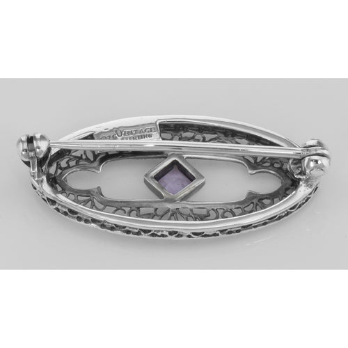 Back view of Antique Victorian Style Amethyst Pin / Brooch in fine Sterling Silver showing 925 sterling silver hallmark and p