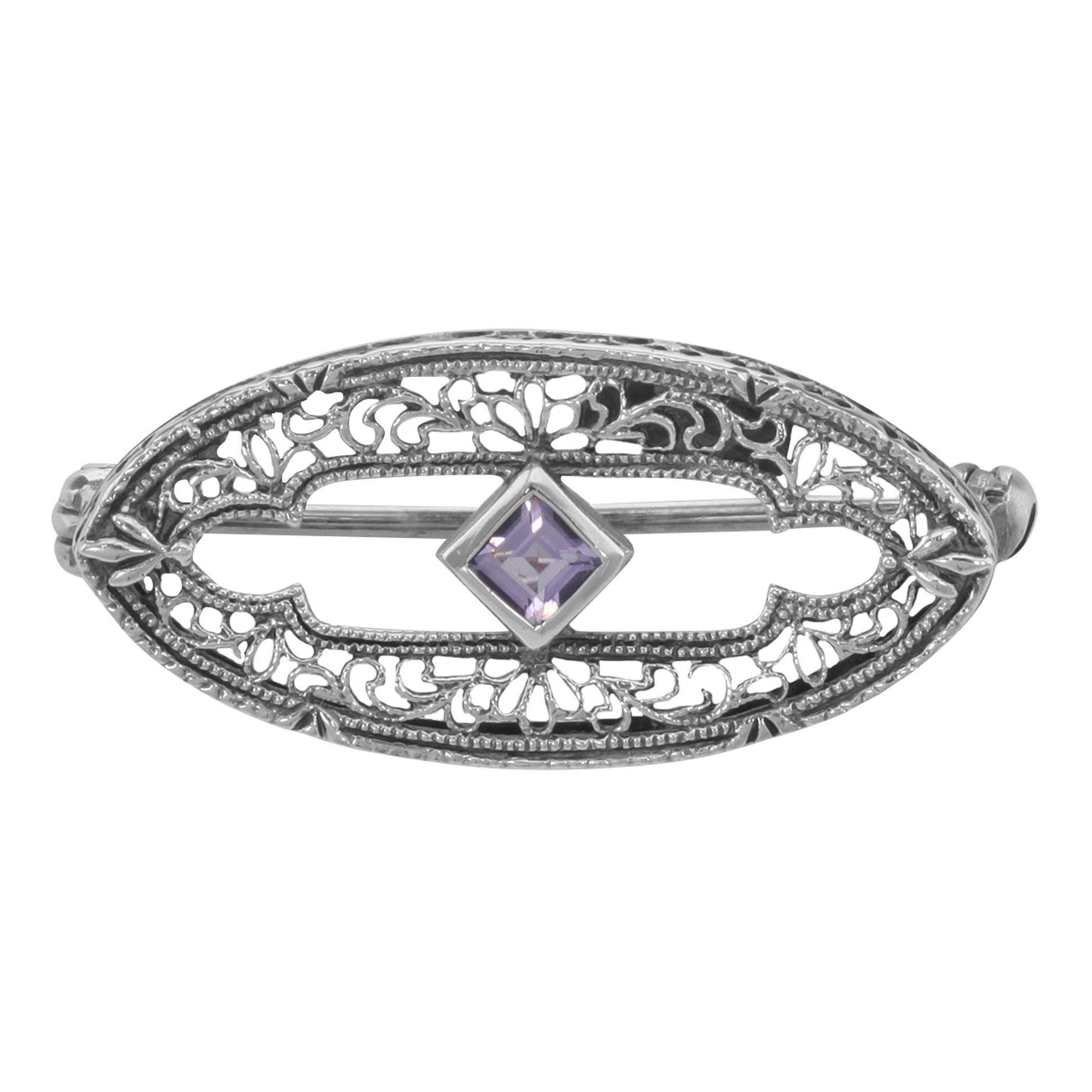 Victorian style, Amethyst, sterling silver brooches / pins, front view
