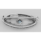 Back view of Antique Style Filigree Pin / Brooch with Genuine Blue Topaz Sterling Silver showing 925 sterling silver hallmark