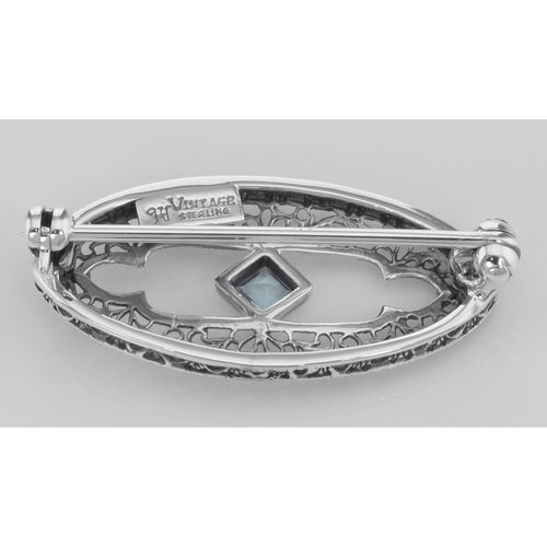 Back view of Antique Style Filigree Pin / Brooch with Genuine Blue Topaz Sterling Silver showing 925 sterling silver hallmark
