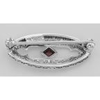 Back view of Antique Style Filigree Pin / Brooch with Genuine Garnet showing 925 sterling silver hallmark and pin back