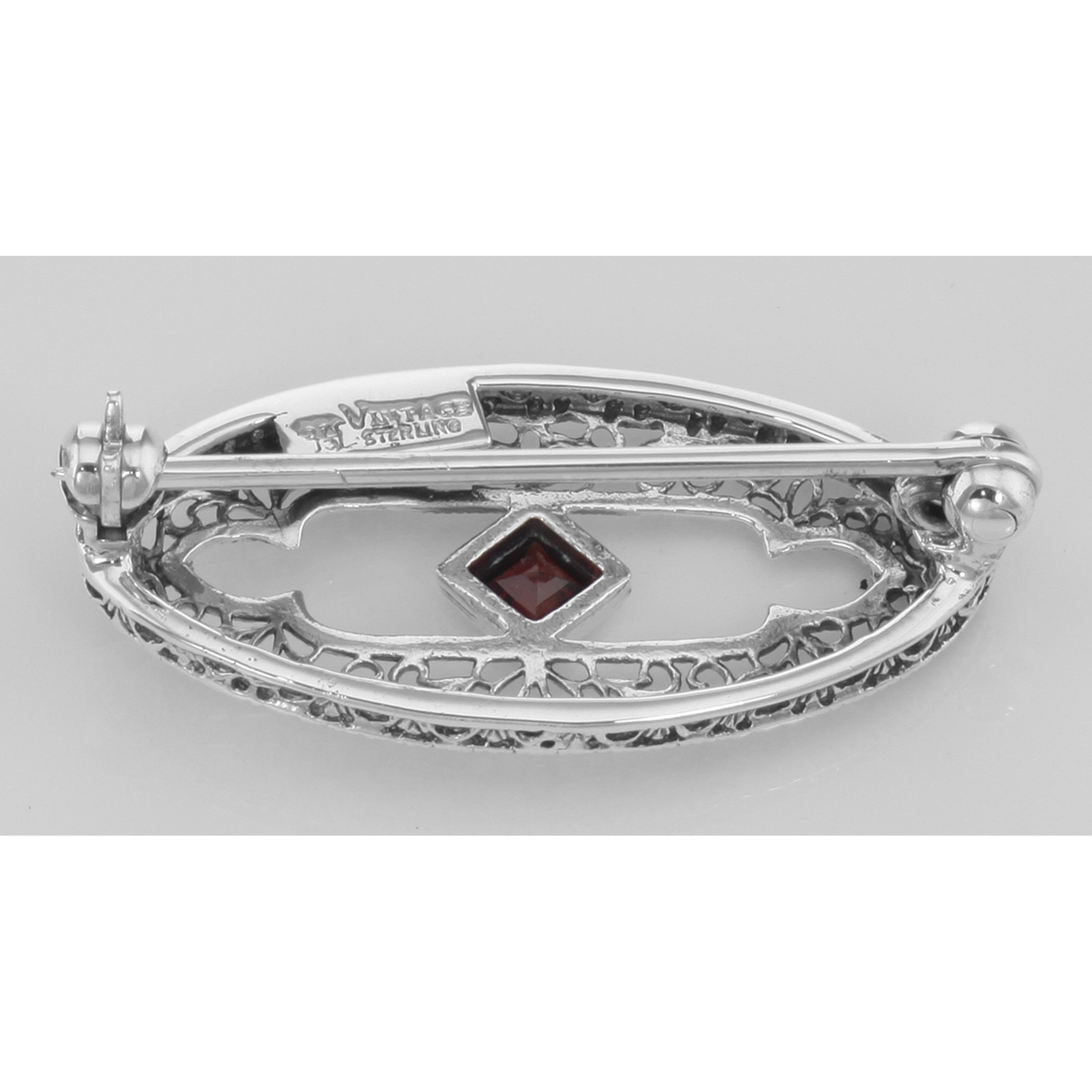 Back view of Antique Style Filigree Pin / Brooch with Genuine Garnet showing 925 sterling silver hallmark and pin back