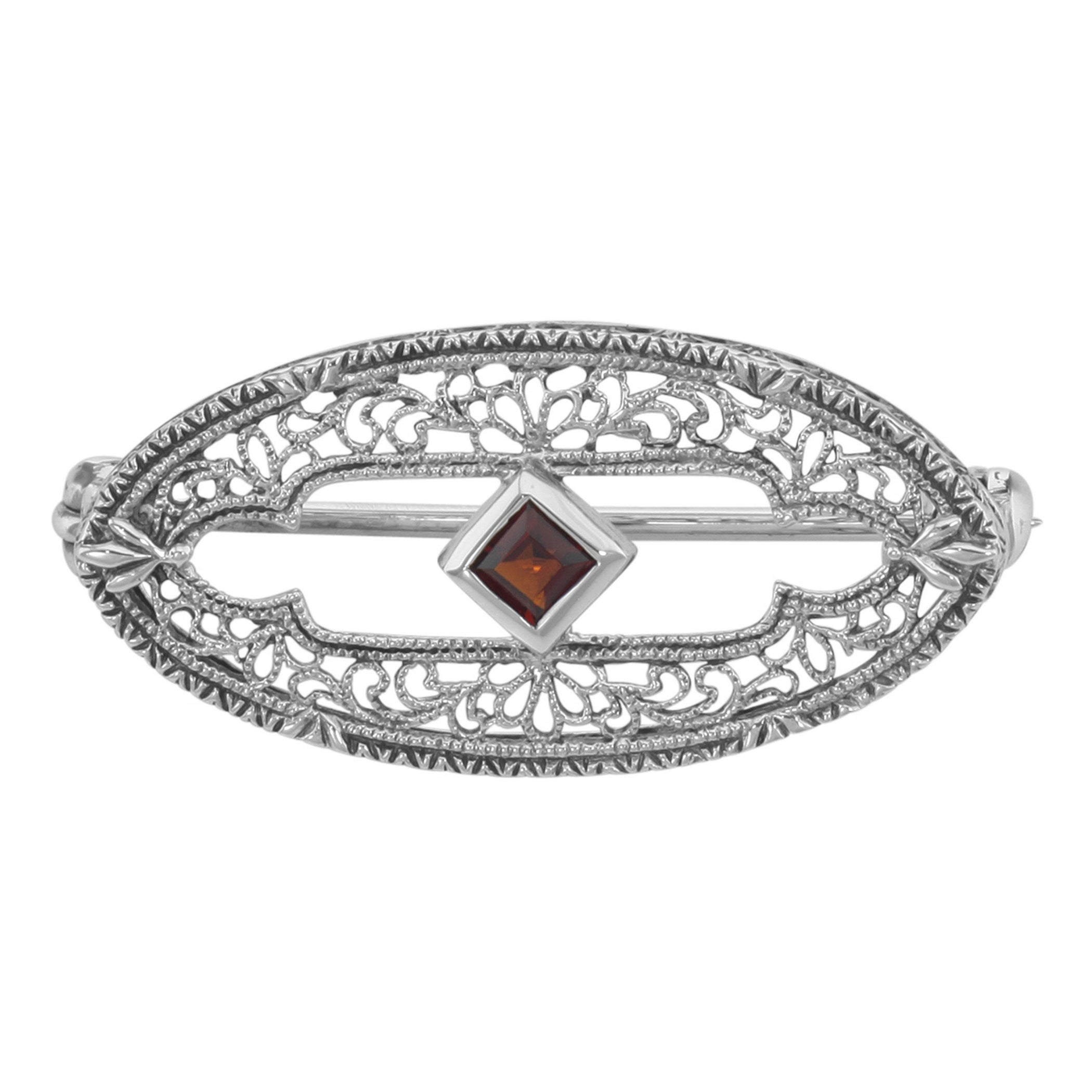 Antique style, Garnet, sterling silver brooches / pins, front view