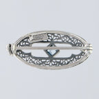 Back view of Antique Style Filigree Pin / Brooch with London Blue Topaz Sterling Silver showing 925 sterling silver hallmark 