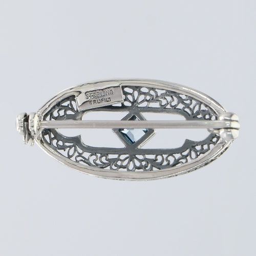 Back view of Antique Style Filigree Pin / Brooch with London Blue Topaz Sterling Silver showing 925 sterling silver hallmark 