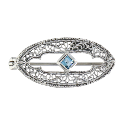Antique style, Blue Topaz, London Blue Topaz, sterling silver brooches / pins, front view