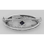 Back view of Antique Style Filigree Blue Sapphire Pin / Brooch showing 925 sterling silver hallmark and pin back