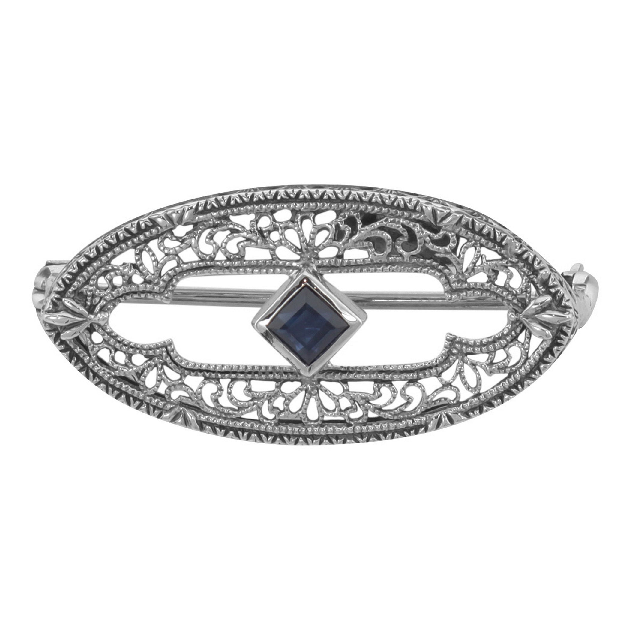 Antique style, Sapphire, sterling silver brooches / pins, front view
