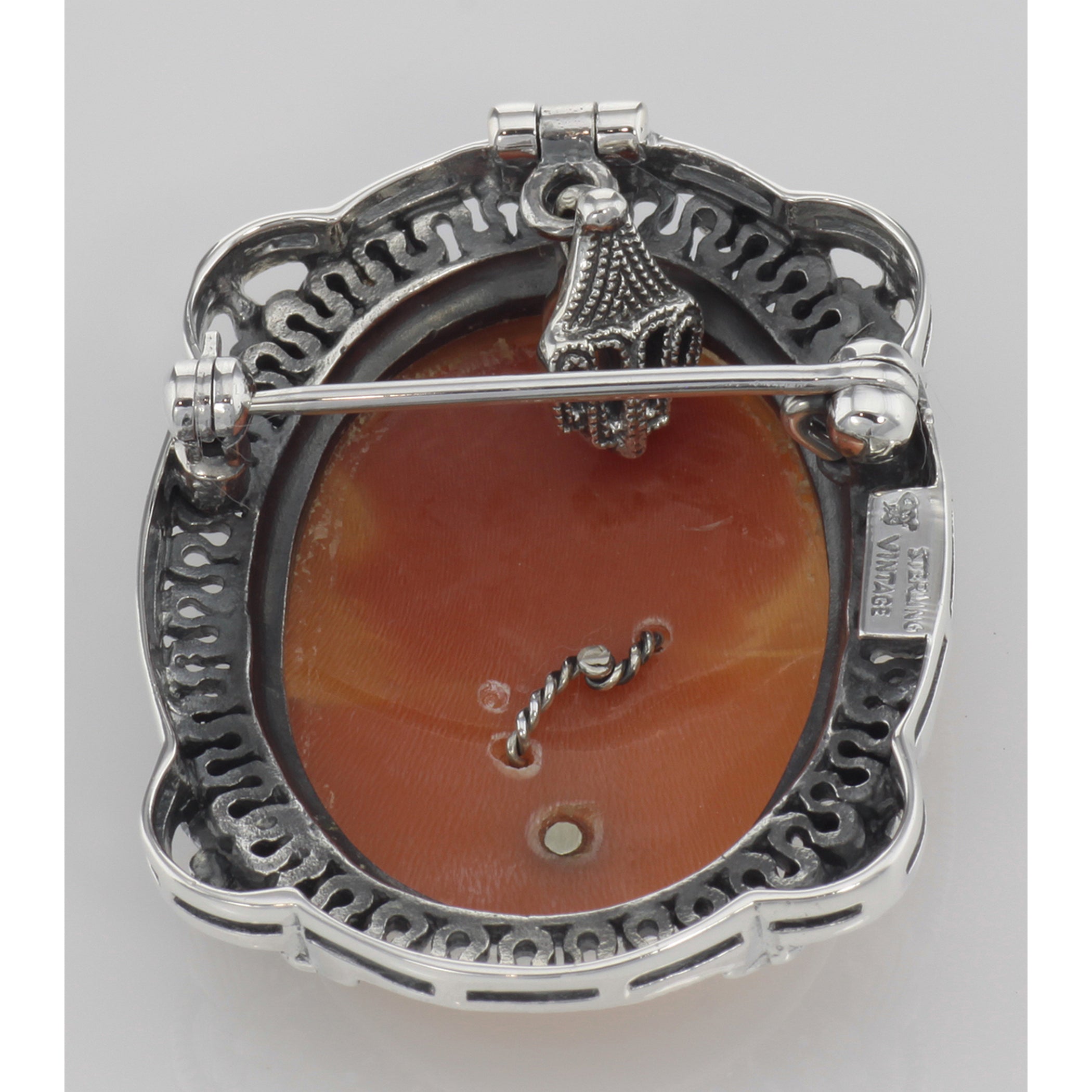 Detail view of Victorian Floral Style Cameo Pin or Pendant with Diamond highlighting Diamond