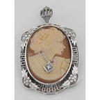 Back view of Victorian Floral Style Cameo Pin or Pendant with Diamond showing 925 sterling silver hallmark and spring ring cl
