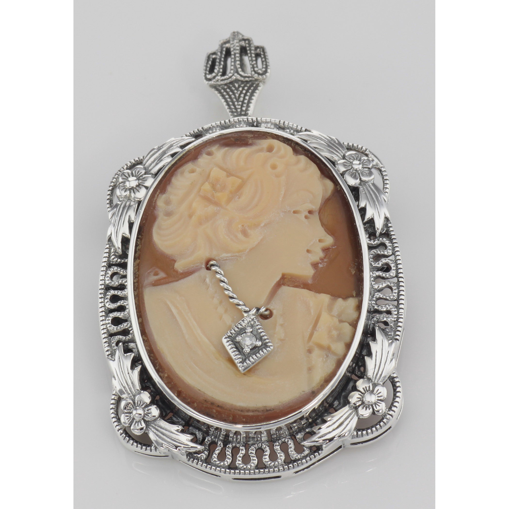 Back view of Victorian Floral Style Cameo Pin or Pendant with Diamond showing 925 sterling silver hallmark and spring ring cl