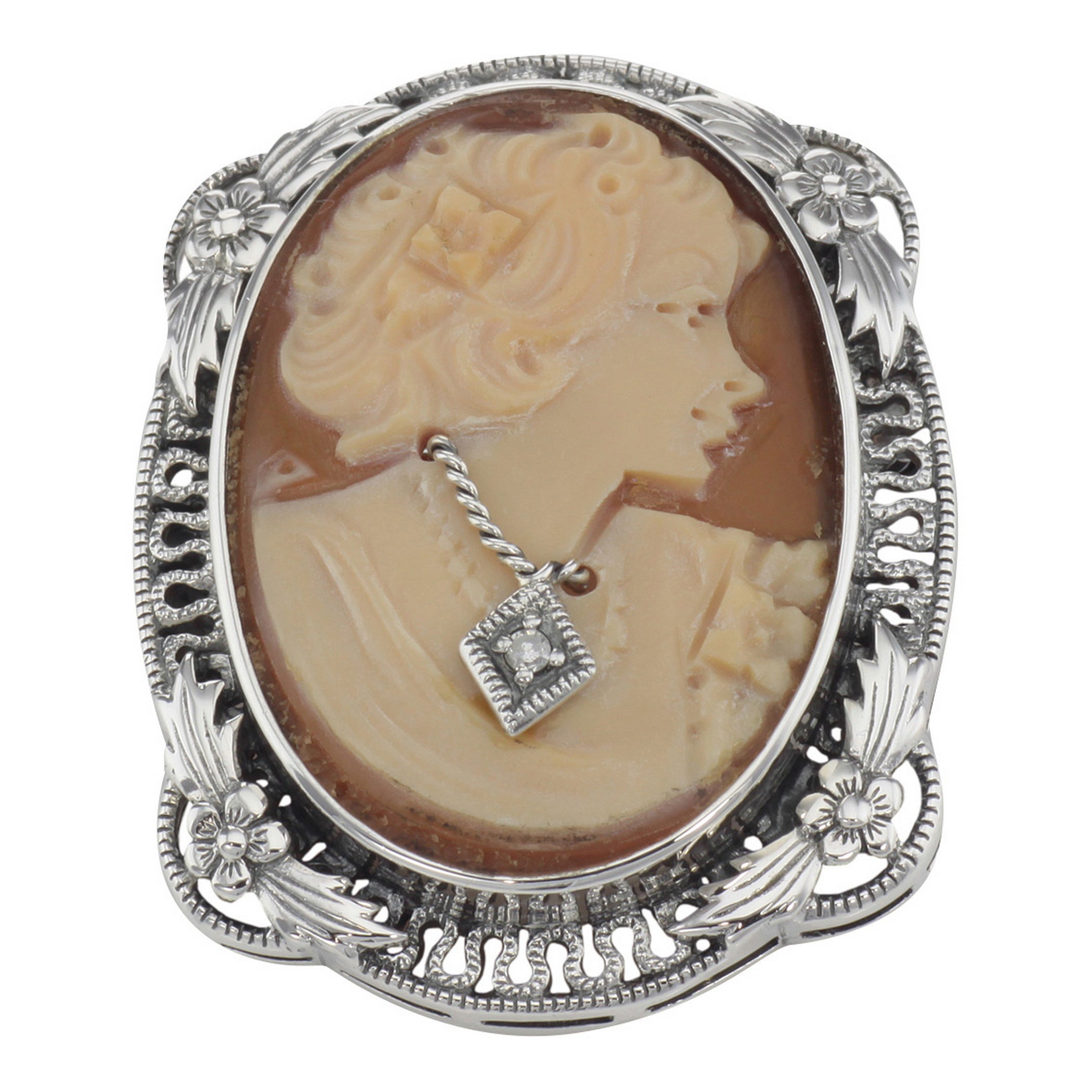 Victorian style, Diamond, sterling silver brooches / pins, front view