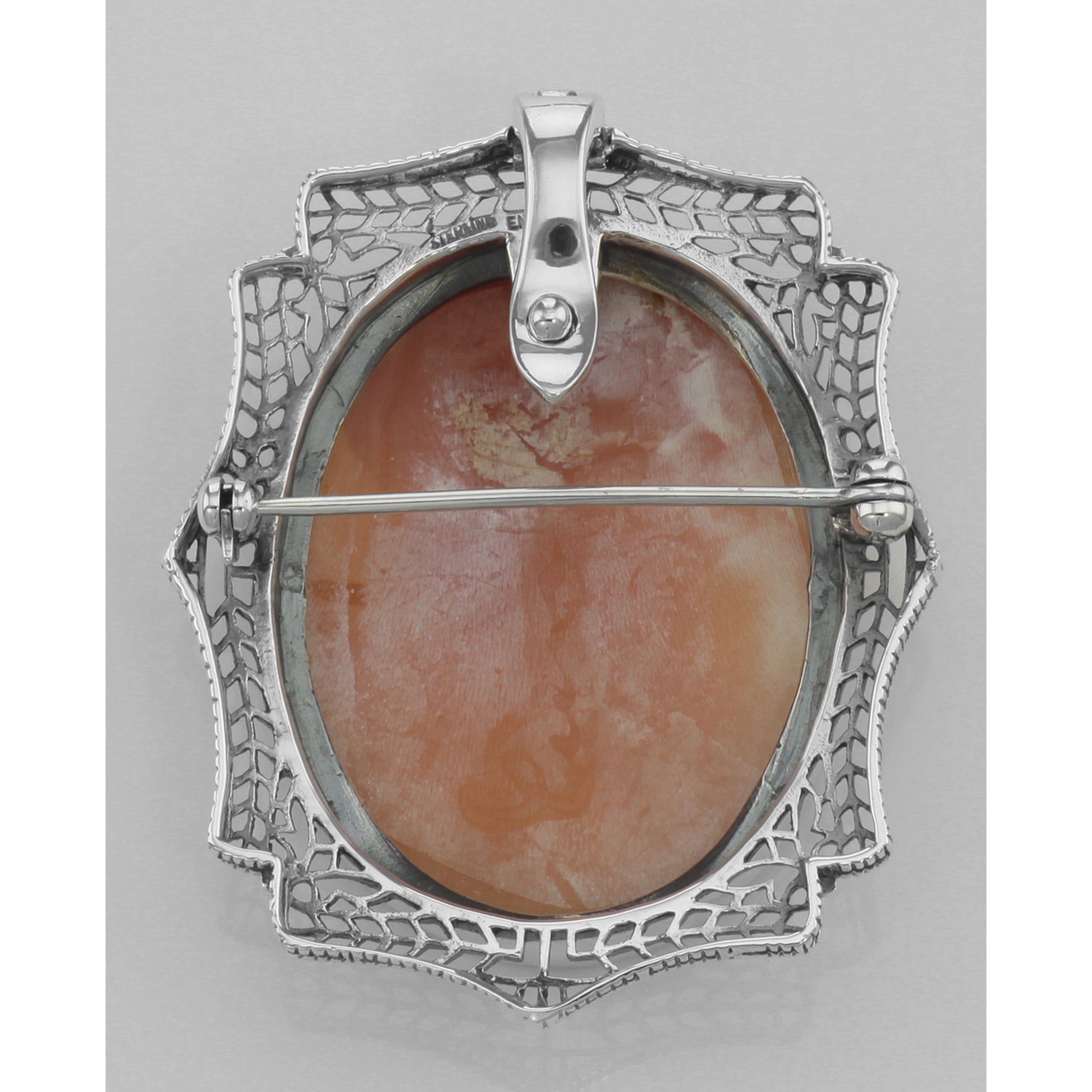 Back view of Victorian Style Italian Handcarved Cameo Pin or Pendant showing 925 sterling silver hallmark and spring ring cla