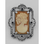 Detail view of Lovely Italian Shell Cameo Pin or Pendant with Blue Sapphires highlighting Sapphire