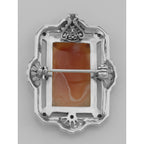 Back view of Lovely Italian Shell Cameo Pin or Pendant with Blue Sapphires showing 925 sterling silver hallmark and spring ri