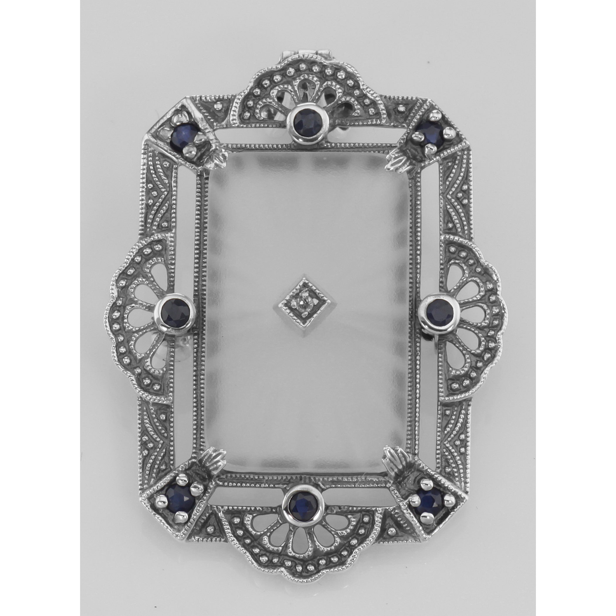 Detail view of Art Deco Style Camphor Glass Sapphire / Diamond Pin / Brooch / Pendant highlighting Sapphire, Diamond
